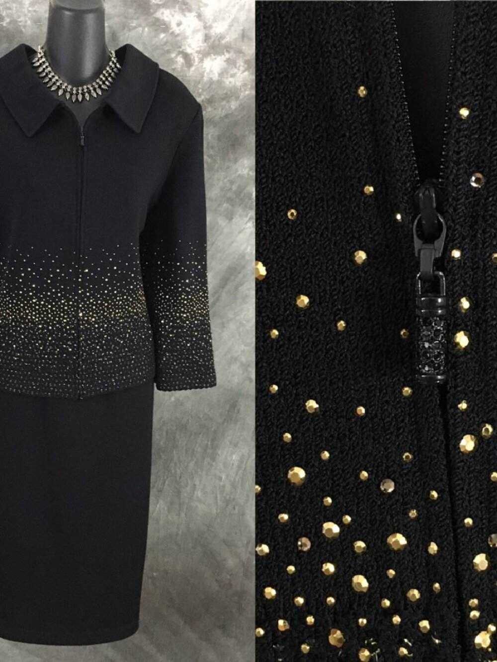 BEAUTIFUL St John evening black gold rhinestones embellished skirt suit XL 16